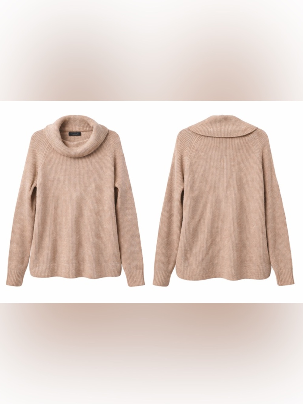 TAHARI Merino Wool Blend Cowl Neck Sweater Sz L Beige Tan Ribbed Cozy Luxe Knit - Picture 2 of 15